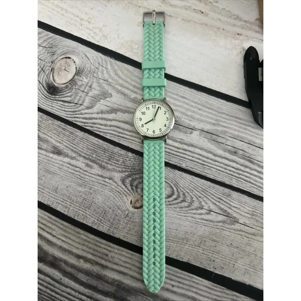 Silver Tone White Dial Mint Green Band Women’s Quartz Watch